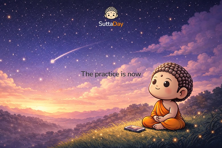 chibi buddha with phone face down next to him looking up at stars