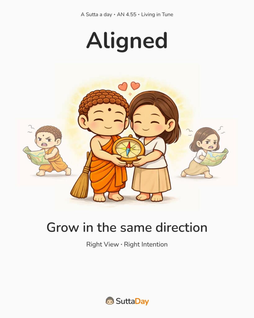 “AN 4.55 ‘Living in Tune’ poster titled ‘Aligned’ showing a chibi monk and woman holding a compass; text: ‘Grow in the same direction.’”