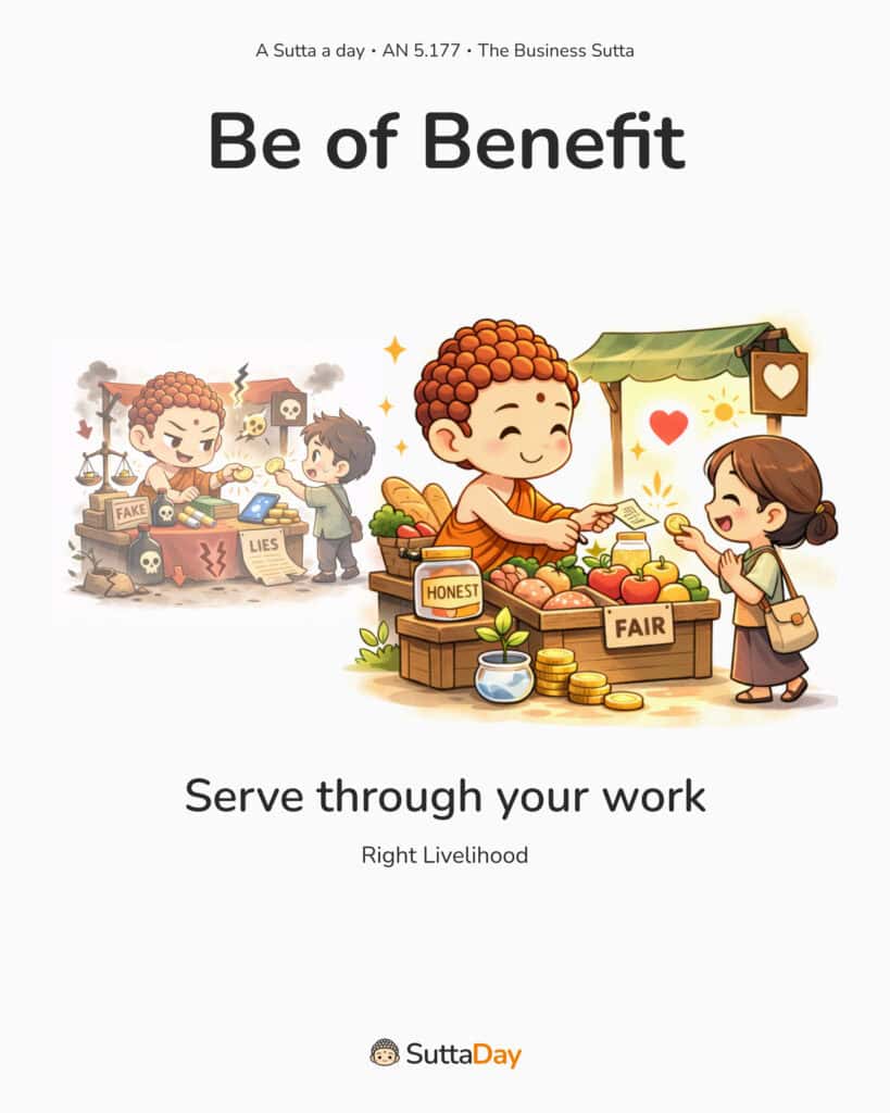 AN 5.177 poster ‘Be of Benefit’ showing dishonest trade contrasted with a fair, honest market stall; text: ‘Serve through your work’ and ‘Right Livelihood.’