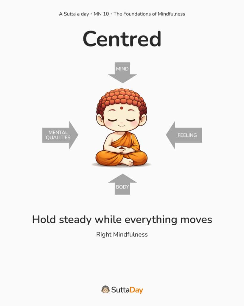 MN 10 poster ‘Centred’ showing a meditating chibi monk with arrows for mind, feeling, body, and mental qualities; text: ‘Hold steady while everything moves’ and ‘Right Mindfulness.’
