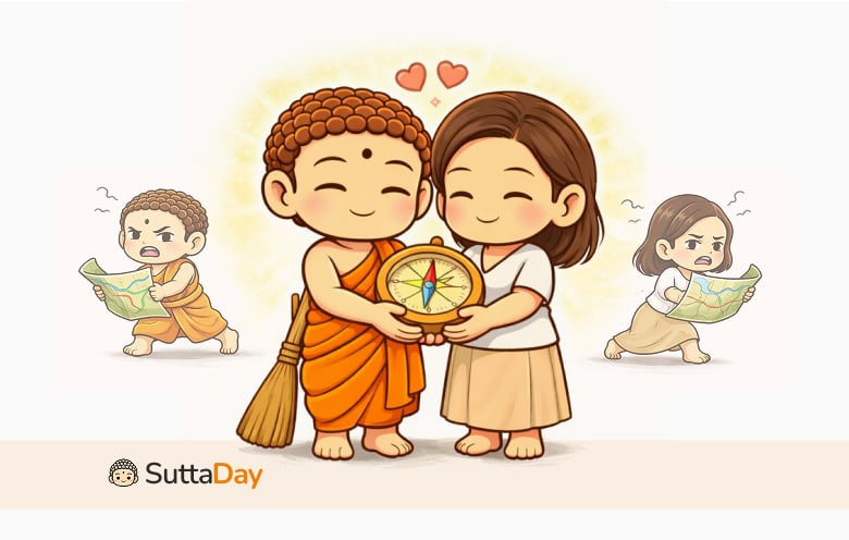Chibi Buddha and woman share a compass with hearts above, while faded figures in the background look lost holding maps; SuttaDay logo.