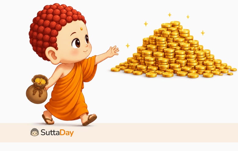 Chibi monk walks toward a sparkling pile of gold coins while holding a coin pouch; SuttaDay logo.
