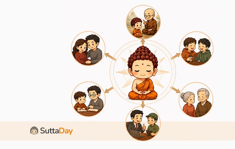 Six Directions in Buddhism illustration showing a calm chibi monk connected to six relationships: parents, teachers, spouse, friends, workers, and spiritual guides; SuttaDay logo.