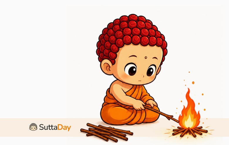 Chibi monk gently pokes a small fire with sticks; SuttaDay logo.