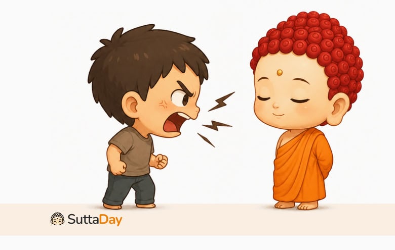 Anger in Buddhism illustration showing an angry person shouting at a calm chibi monk who stands quietly without reacting; SuttaDay logo